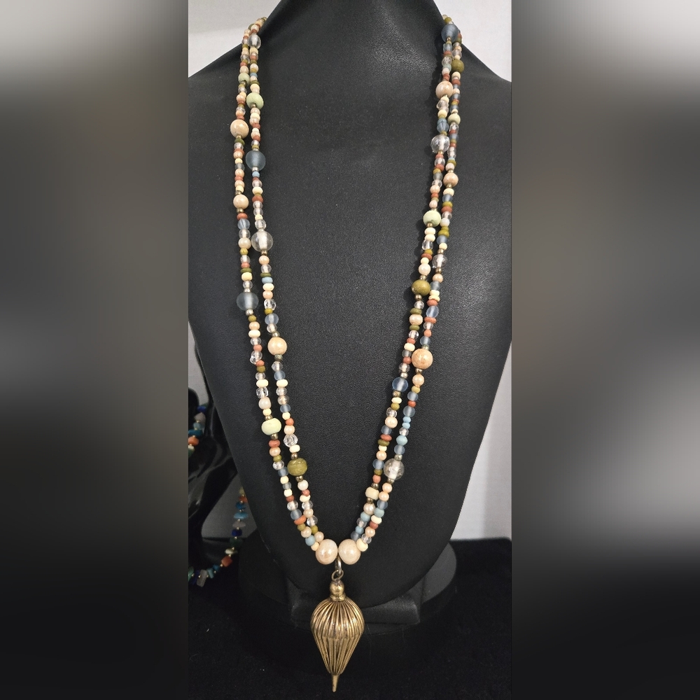 Vintage Double Stranded Beaded Pendulum Necklace - image 2